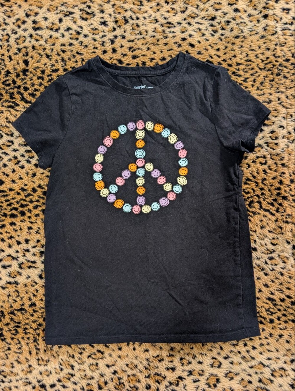Kids Black Tee with Colorful Smiley Peace Graphic
